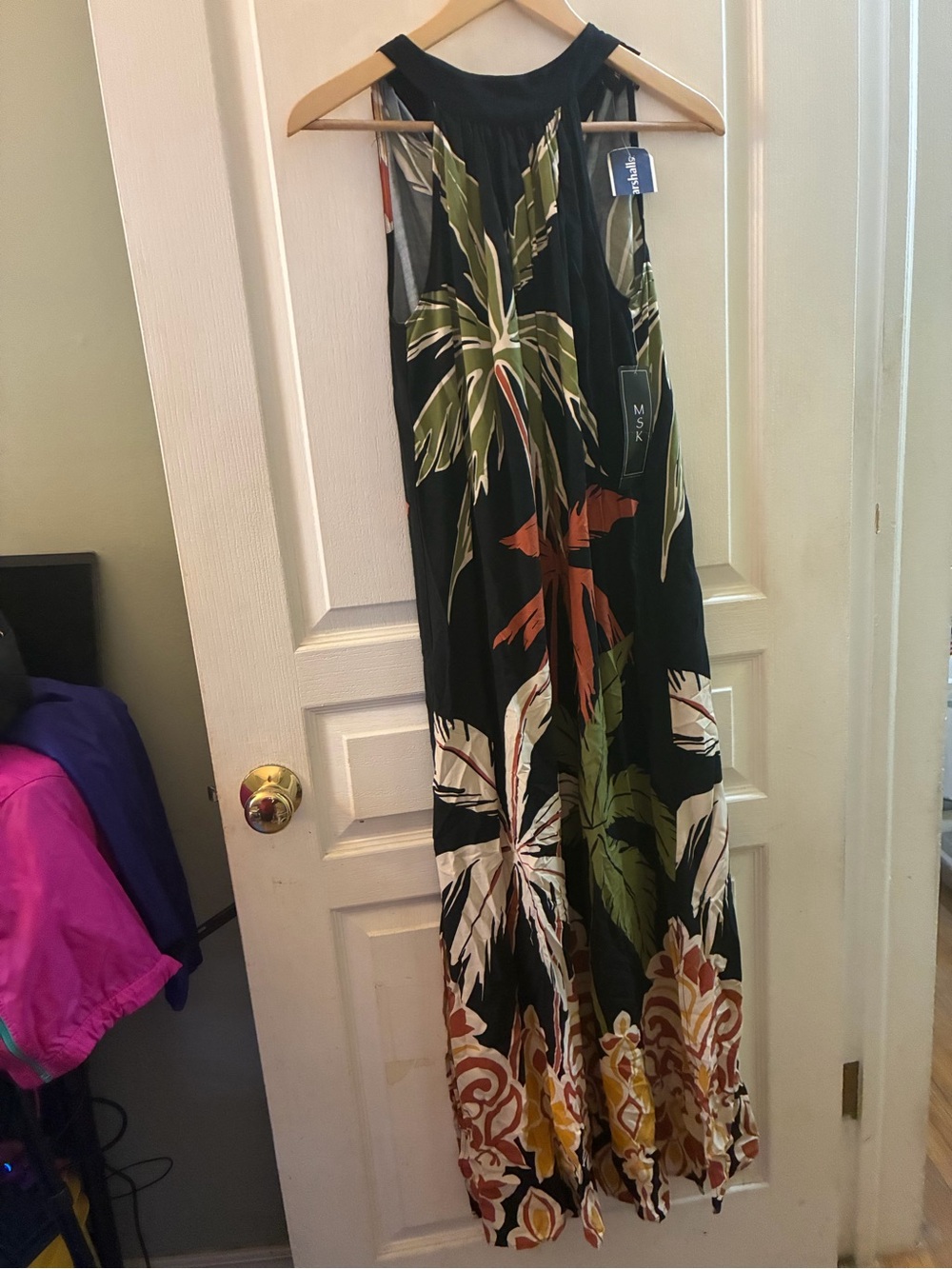 MSK Black Maxi Dress with Olive & Rust Palm Motif